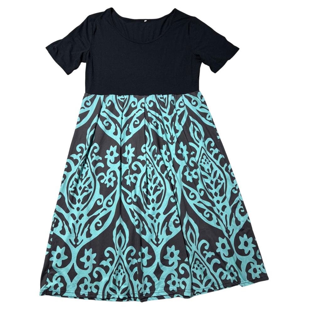 Womens XL Black & Teal Patterned Fit & Flare Stretchy Casual Dress
